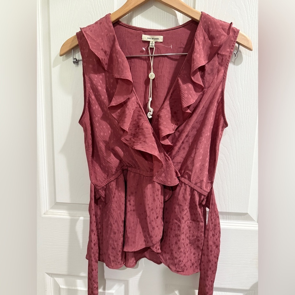 Max Studio Pink Ruffled Wrap Blouse Tie Back Y2K Fairy - Picture 2 of 6